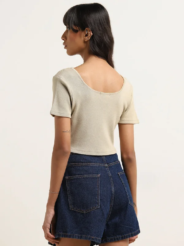 Nuon Beige Seam-Detailed Cropped T-Shirt