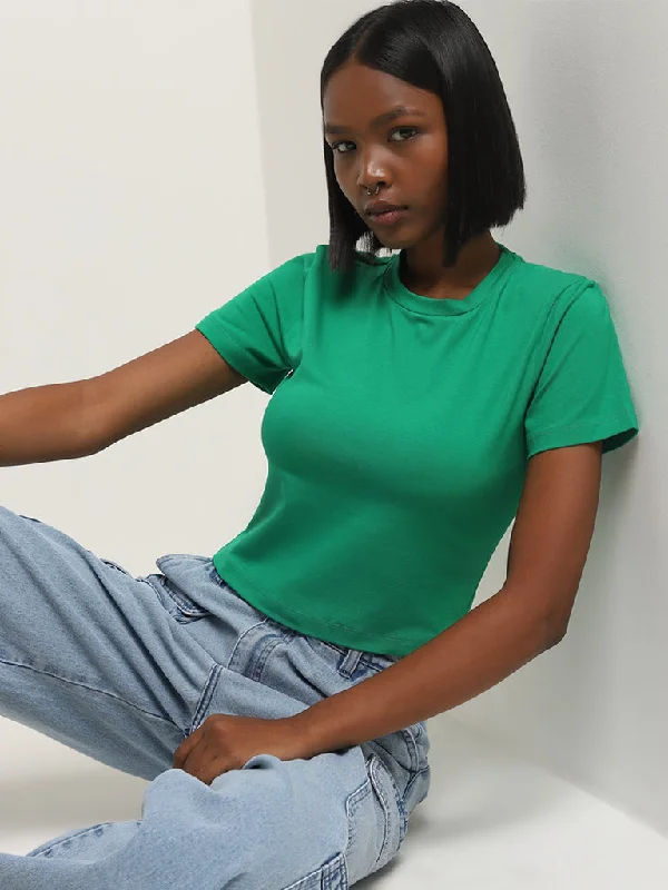 Nuon Green Solid Cotton Blend T-Shirt