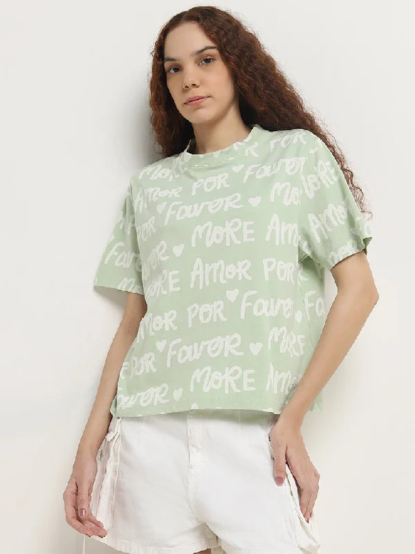 Nuon Light Green Text Printed Cotton T-Shirt