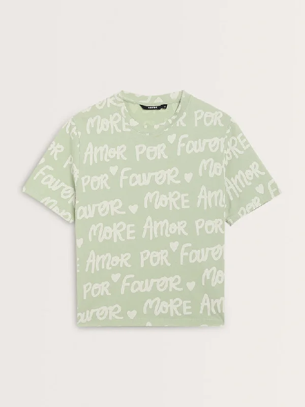 Nuon Light Green Text Printed Cotton T-Shirt