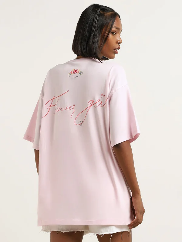 Nuon Light Pink Graphic Printed Oversized Cotton T-Shirt