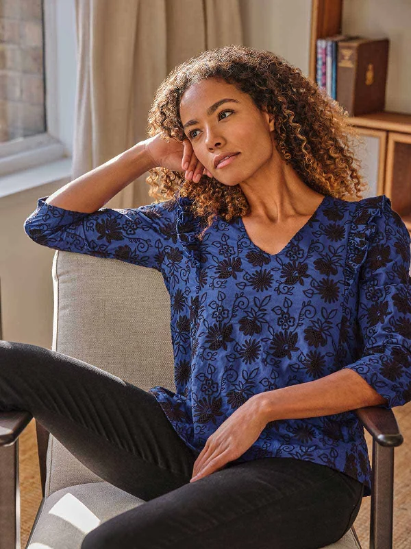 Simone Organic Cotton Broderie Top - Dark Sapphire Blue