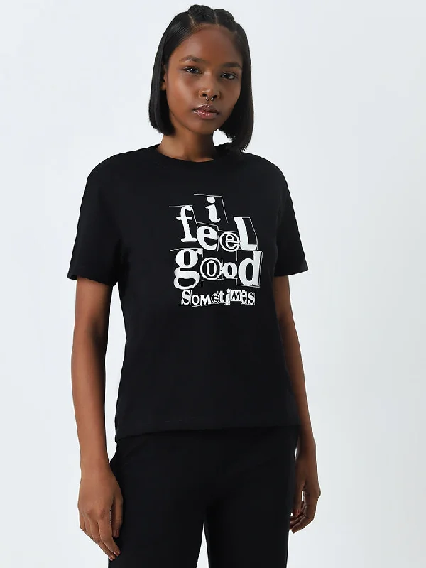 Studiofit Black Text Printed Cotton T-Shirt