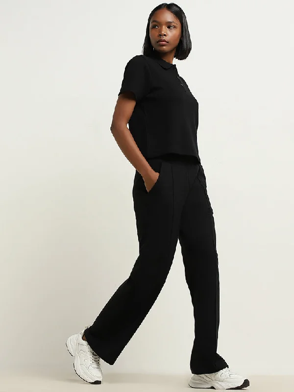 Studiofit Black Waffle-Textured Cotton Polo T-Shirt