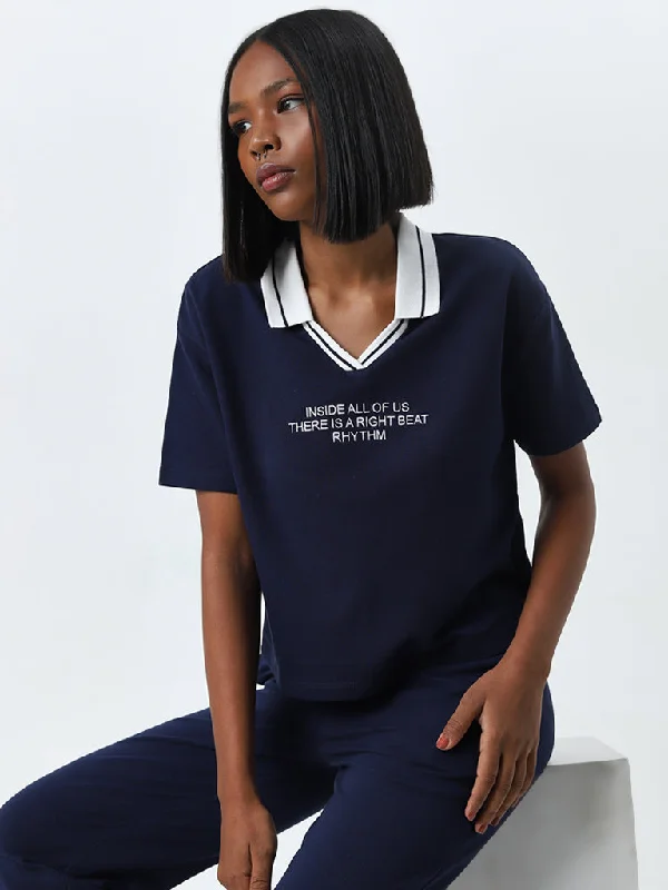 Studiofit Navy Text Printed Cotton T-Shirt