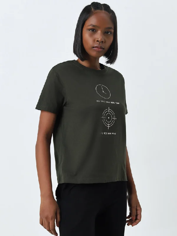 Studiofit Olive Printed Cotton T-Shirt