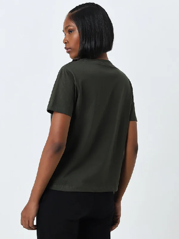 Studiofit Olive Printed Cotton T-Shirt