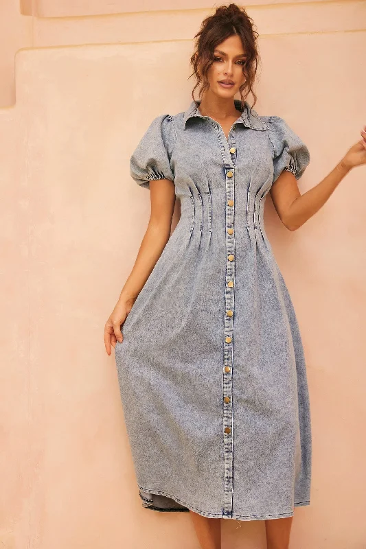 Amber Denim Midi Dress - Washed Blue