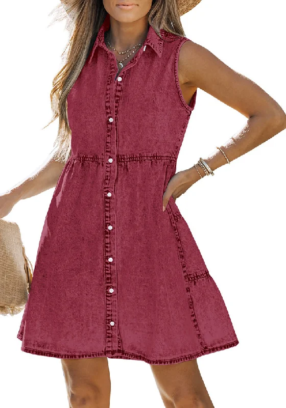 Baroque Rose Denim Dress for Women Sleeveless Babydoll Button Down Short Jean Dresses Cute Summer