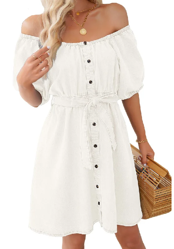 Brilliant White Women's Off the Shoulder Puff Sleeve A-Line Denim Dress with Belt