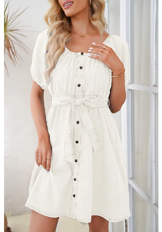 Brilliant White Women's Off the Shoulder Puff Sleeve A-Line Denim Dress with Belt