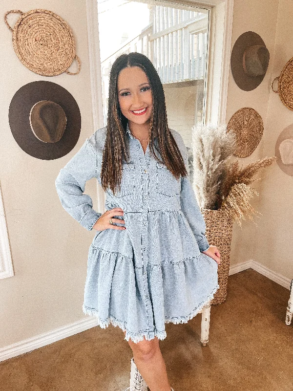 Worth the Wait Ruffle Tiered Button Up Dress with Long Sleeves in Light Wash