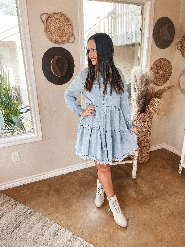 Worth the Wait Ruffle Tiered Button Up Dress with Long Sleeves in Light Wash