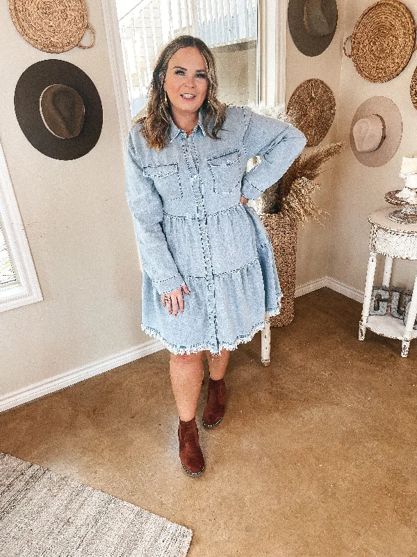 Worth the Wait Ruffle Tiered Button Up Dress with Long Sleeves in Light Wash