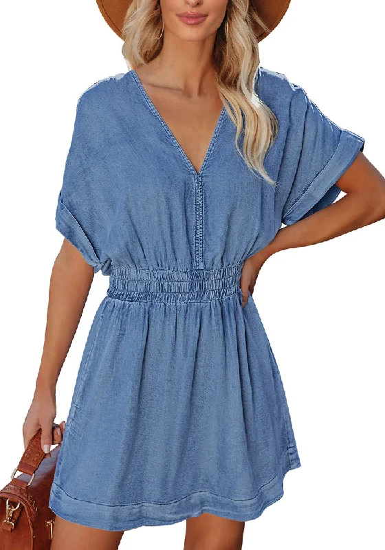 Classic Blue Denim Dress for Women Chambray Batwing Sleeves Smocked Waist A-line Short Jean Dresses with Pockets