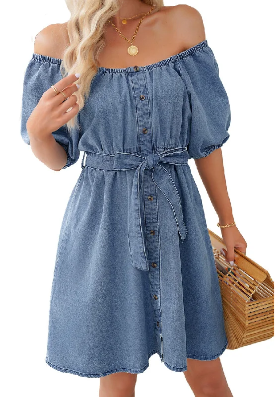 Cool Blue Women's Off the Shoulder Puff Sleeve A-Line Denim Dress with Belt