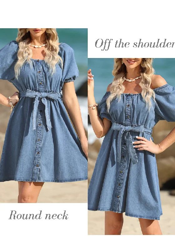 Cool Blue Women's Off the Shoulder Puff Sleeve A-Line Denim Dress with Belt