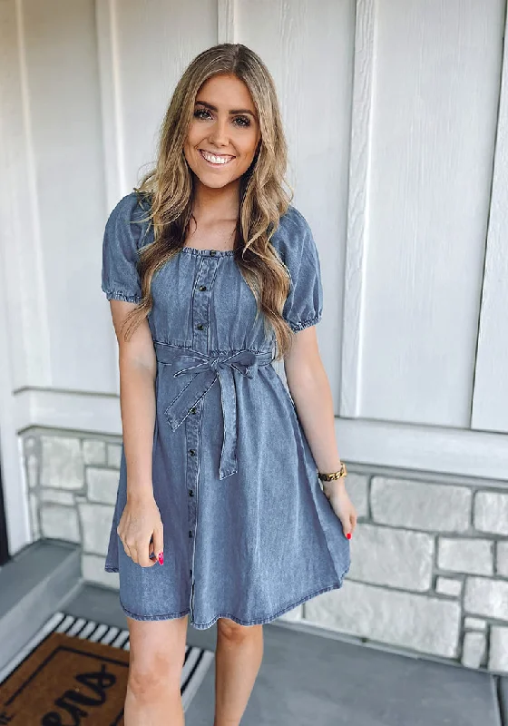 Cool Blue Women's Off the Shoulder Puff Sleeve A-Line Denim Dress with Belt