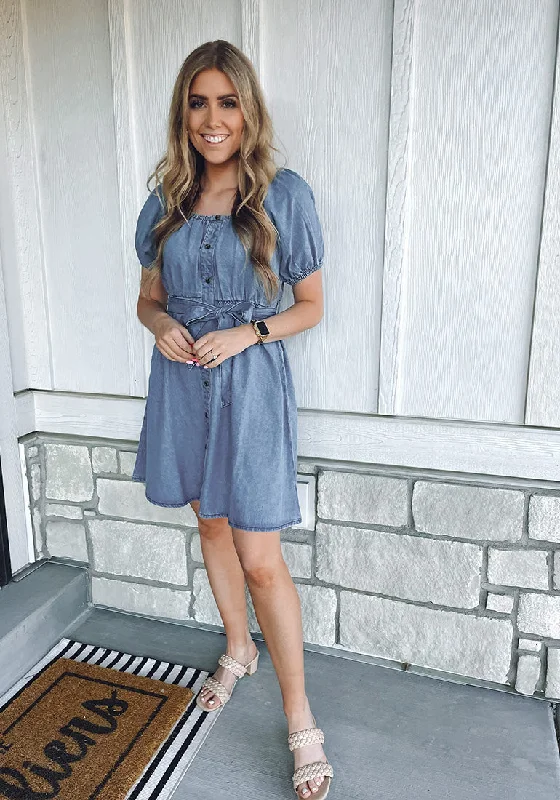 Cool Blue Women's Off the Shoulder Puff Sleeve A-Line Denim Dress with Belt