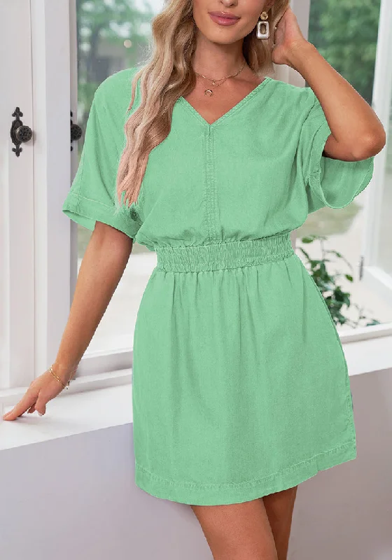 Gossamer Green Denim Dress for Women Chambray Batwing Sleeves Smocked Waist A-line Short Jean Dresses with Pockets