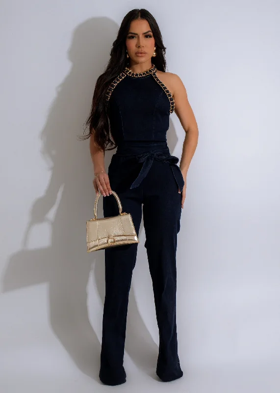 Kiss Me Chain Denim Jumpsuit Dark Denim