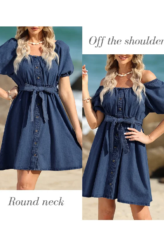 Lapis Longing Women's Off the Shoulder Puff Sleeve A-Line Denim Dress with Belt