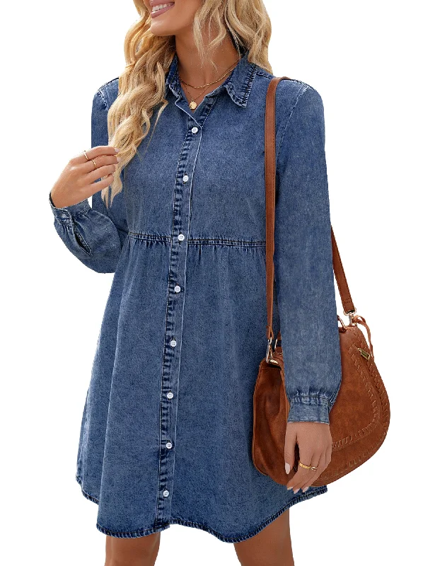 Long Sleeve Denim Dress for Women Jean Dress Button Down Casual Babydoll Denim Shirt Dress