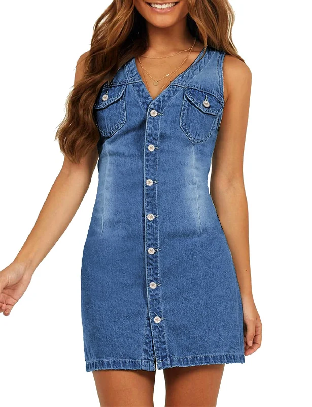 Women Sleeveless V Neck Button Down Frayed Hem Short Denim Dress