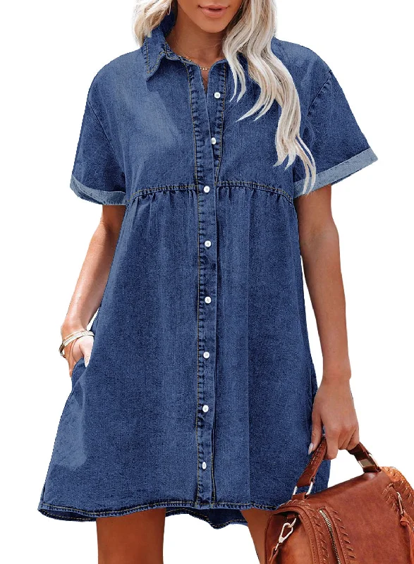 Women's Short Sleeve Button Down Flowy Tiered Babydoll Denim Dress