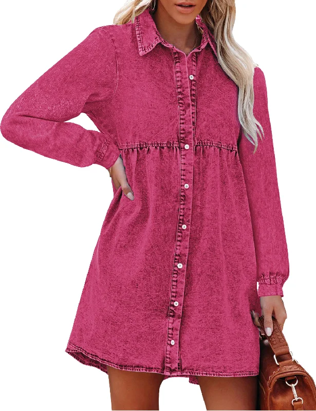 Magenta Long Sleeve Denim Dress for Women Jean Dress Button Down Casual Babydoll Denim Shirt Dress