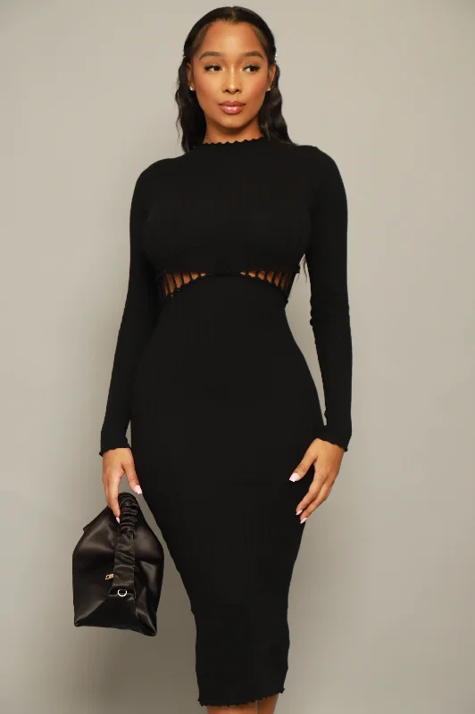 On My Level Knit Peekaboo Bodycon Dress - Black