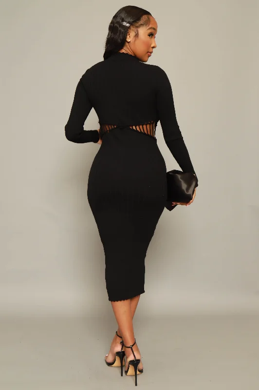 On My Level Knit Peekaboo Bodycon Dress - Black