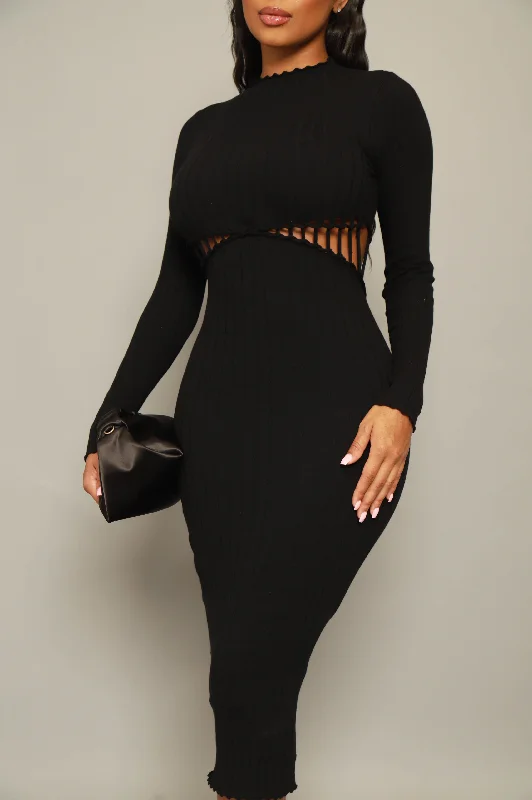 On My Level Knit Peekaboo Bodycon Dress - Black