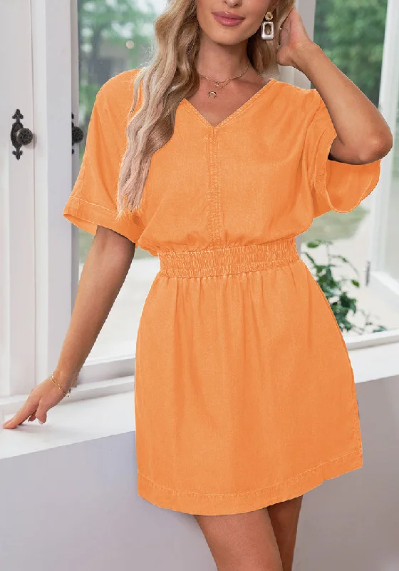 Orange Denim Dress for Women Chambray Batwing Sleeves Smocked Waist A-line Short Jean Dresses with Pockets