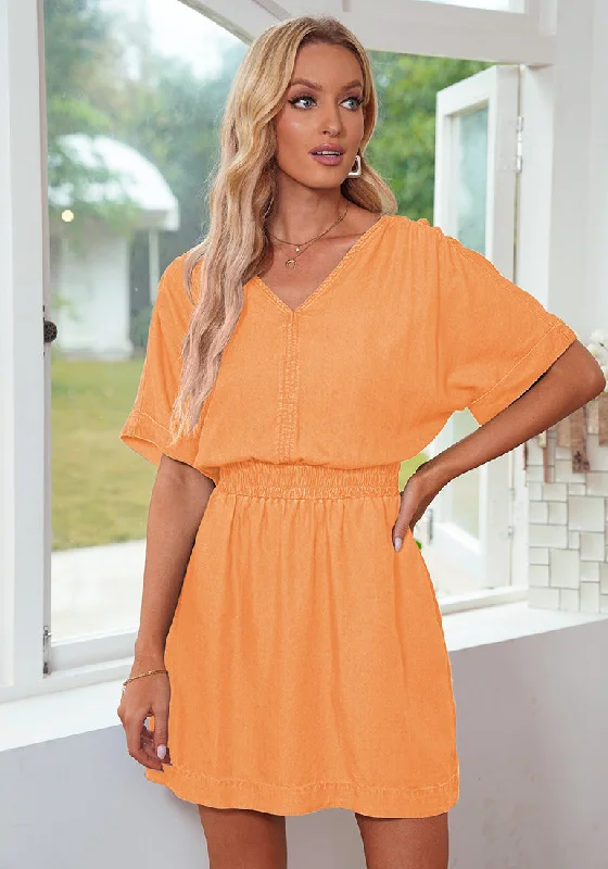 Orange Denim Dress for Women Chambray Batwing Sleeves Smocked Waist A-line Short Jean Dresses with Pockets