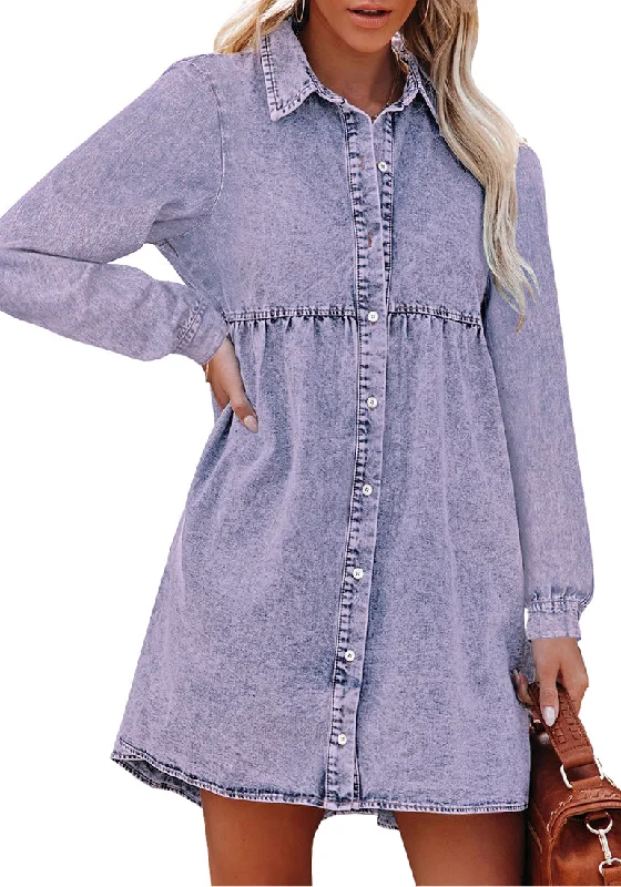 Purple Heather Long Sleeve Denim Dress for Women Jean Dress Button Down Casual Babydoll Denim Shirt Dress