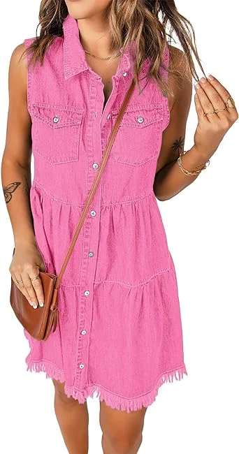 Sachet Pink Women Sleeveless V Neck Button Down Frayed Hem Short Denim Dress