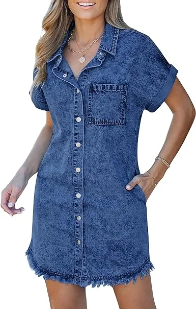 Wishful Blue Women's Denim Jean Dress Button Down Frayed Hem Jean Short Dresses With Pockets