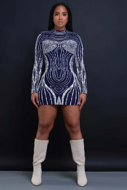 Worldwide High Neck Knit Mini Dress - Navy/Cream