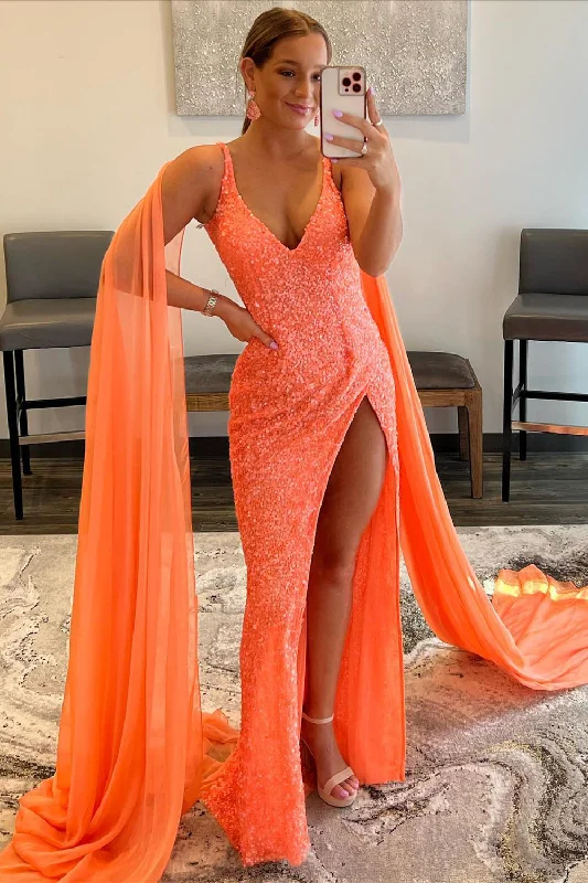 Buy More, Save More!Orange Watteau Train Sequins Long Prom Dress