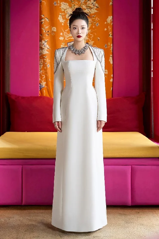 Massive Price Cuts!Prosper A-line Queen Anne Neck Velvet Satin Maxi Dress
