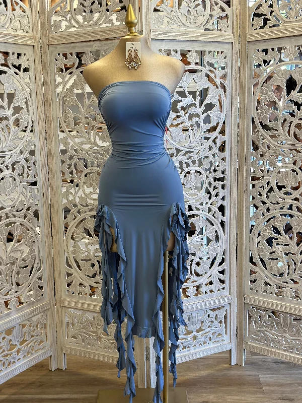 Buy More, Pay Less!Chambray Ruffle Strapless Dress