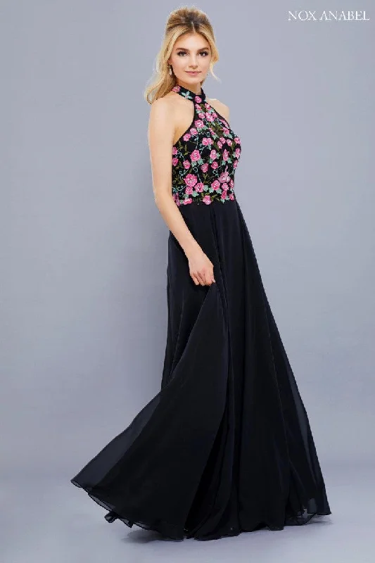 Shop Early, Save Big!Long Halter Floral Bodice Formal Evening Gown Sale