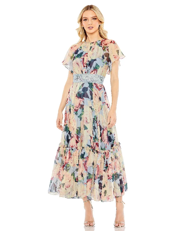 Everything Must Go!Mac Duggal 11400 Floral Print Tea Length Formal Dress