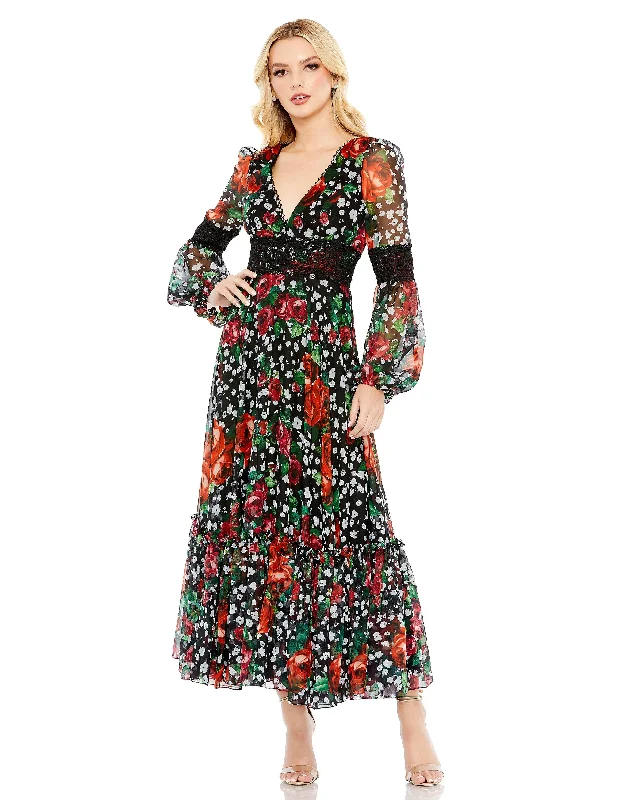 Price Drop Alert!Mac Duggal 11402 Floral Print Formal Chiffon Tea Length Dress