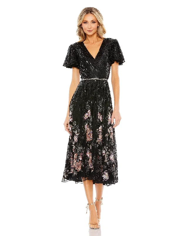 Save Like Never Before!Mac Duggal 5587 Short Sleeve Floral Tea Length Dress
