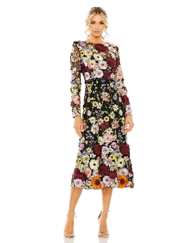 Get It Before It’s Gone!Mac Duggal 68462 Long Sleeve Floral Tea Length Dress
