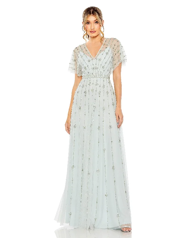 Hurry! While Supplies Last!Mac Duggal 9223 Long Formal Beaded Short Sleeve Dress