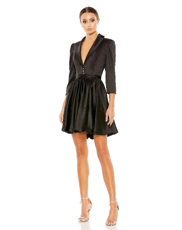 Limited Stock Available!Mac Duggal 26913 Short 3/4 Sleeve Satin Cocktail Dress
