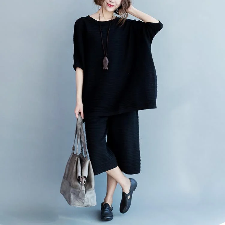 Steals and Deals Await!2017black cotton thin sweaters and casual wide leg pants knit two pieces fall